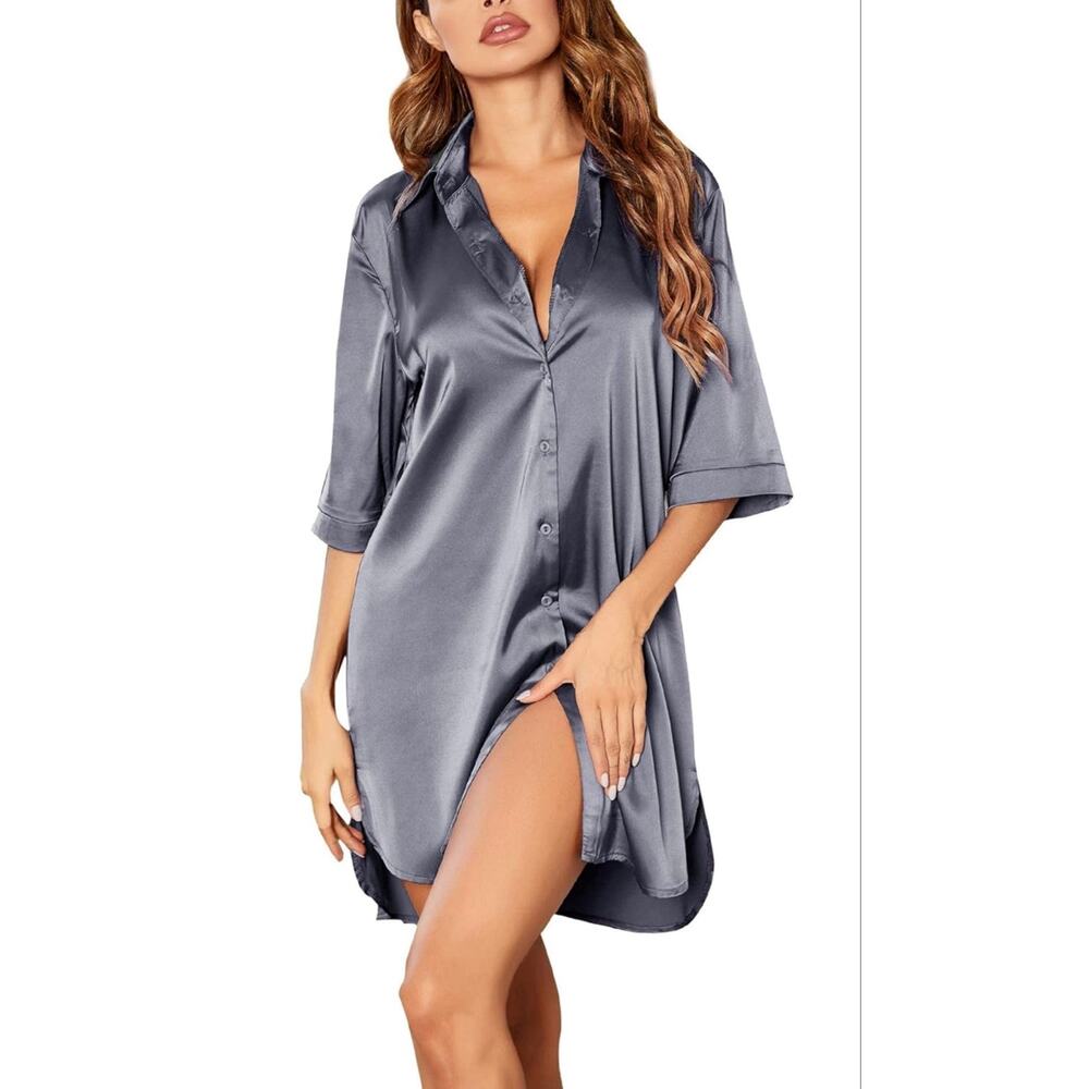 Ekouaer Soft Sleep Shirt for Women Plus Size Satin Tops for Women Lightweight 3X